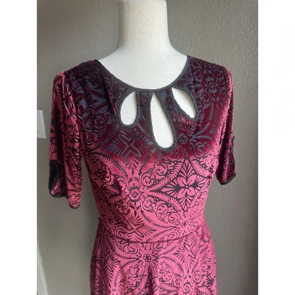 Modcloth Rockabilly Cherry Red Swing Dress Stretch Velvet 40s 50s Vibe Small - Picture 6 of 12